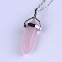 100-Unique Fashion Silver Plated Natural Rose Pink Quartz Hexagon Column Pendant Link Chain Necklace Jewelry