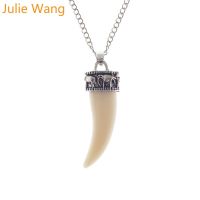 Julie Wang 1PCS Alloy Vintage Animal Teeth Imitation Ivory Long Chain Necklace Pendants Women Men Jewelry Choker