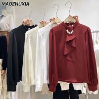 ผ้าซาติน MAOZHUXIA สีขาวเสื้อเชิ้ตเสื้อเป็นชั้นระบายมุกผู้หญิง