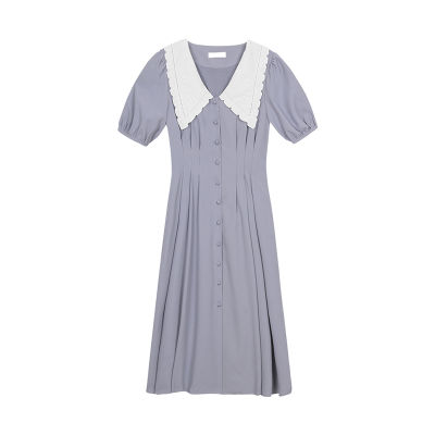 Blue Dress  Summer For Women Chiffon French Casual Vintage Elegant Preppy Style Puff Sleeves Doll Collar Midi Shirtdress new