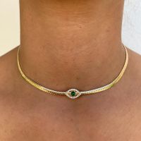 4MM Width Herringbone Chain CZ Evil Eye Charm Choker Necklace Gold Color New Design Fashion Women Jewelry