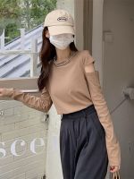 Autumn Korean 2021 T-shirt New Design Metal Chain Round Neck Long Sleeve Hollow Off Shoulder Bottomed Shirt Womens