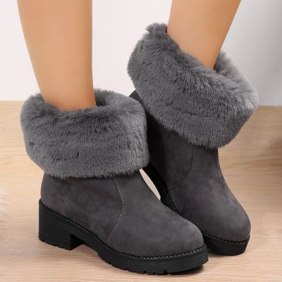 รองเท้าบู๊ตหิมะสำหรับผู้หญิง2023ฤดูใบไม้ร่วงและฤดูหนาว Sepatu BOOT Pendek แฟชั่นรองเท้าผ้าฝ้ายส้นหนาปานกลางส้นหนาสำหรับรองเท้าบูทของผู้หญิง