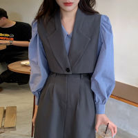 Spring Autumn 3-Piece Set Skirt Women Korean Fashion Lapel Puff Sleeve Shirt Short Vest + Waist Slim Skirts Outfit