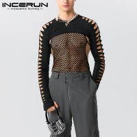 INCERUN เสื้อยืดแขนยาวของผู้ชาย,เสื้อยืดลำลองแขนยาวที่ถูกตัดออกคอกลมสีทึบเสื้อ (สไตล์ตะวันตก)