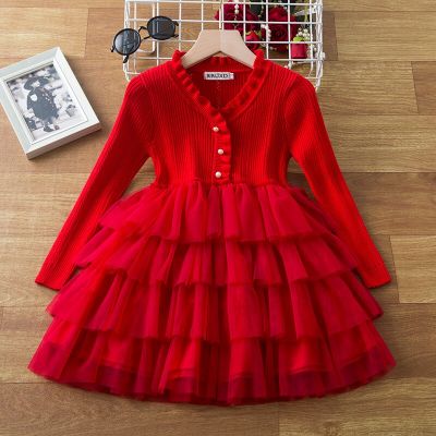 Red Christmas Knitted Sweater Dresses For Girls Long Sleeve Winter Warm Kids New Year Princess Party Evening Dress For 2-8 Yrs