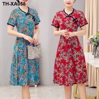 Chinese style large size improved printed cheongsam womens summer new retro temperament cover belly thin breathable dress