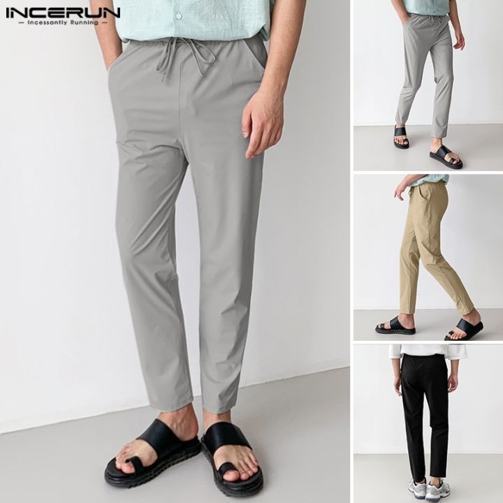 incerun-กางเกงขายาว-ลําลอง-สีพื้น-ผูกเชือก-สําหรับผู้ชาย
