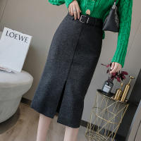 Flectit Women Wool Pencil Skirt With Belt Front Split High Waist Midi Length Warm Skirt Autumn Winter Ladies Outfits *