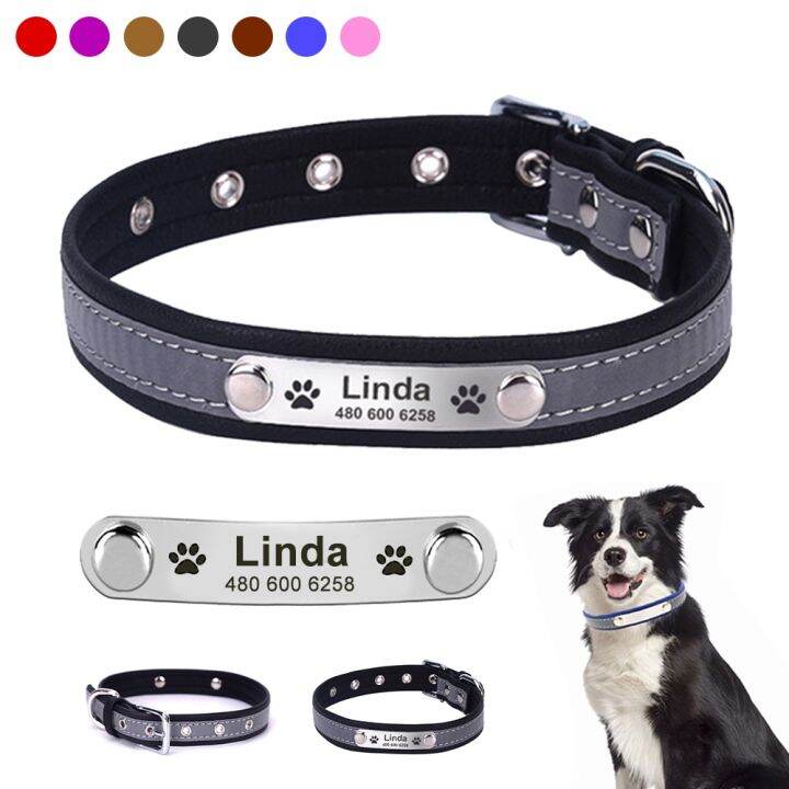Personalized Dog Collars Reflective Leather ID Custom Tag Engraved Pet Collars for Small Large