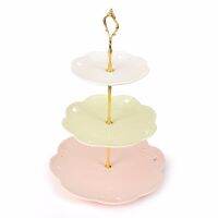 MALACASA SweetTime Multi-Color 3 Tier Ceramic Cake Stand Porcelain Party Food Server Display With Golden Carry Handle