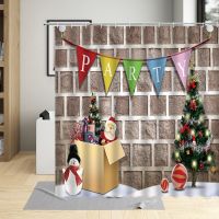 Christmas Shower Curtains Sets Winter Cartoon Snowman Old Man Pine Tree Bath Curtain Waterproof With Hooks Wall Cloth Polyeste