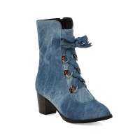 ASILETO รองเท้าส้นสูงสำหรับผู้หญิง,ไซส์35-46 Boots Denim สไตล์ตะวันตกผูกไขว้รองเท้าบู๊ตข้อเท้าคาวบอยสีฟ้ามีซิป