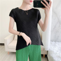 2021 New Miyake Pleated Top Irregular Folded Clothes Womens Round Neck Slim Fashion Versatile