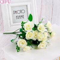 【hot】 QIFU-Flores Artificiais Buquê De Falsificação Guirlanda Ramos Rosas Seda 15 Cabeças