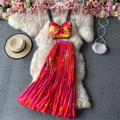 Bohemian Vacation Beach 2pcs Set Women Floral Printed Short Strapless Tops and High Waist Pleated Long Skirt Suit Spring Summer Full Skirt
