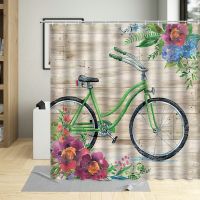 Rustic Wooden Vintage Bicycle Shower Curtain Flowers Waterproof Bathroom Decor Polyester Fabric Hanging Curtains With 12 Hooks