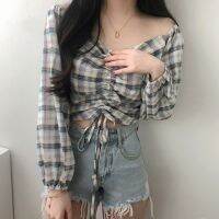 Women Harajuku V-neck Strapless Drawstring Long Sleeve blouse