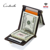 CONTACTS Crazy Horse cowhide leather RFID money clip slim card wallet trifold male cash clamp man cash holder zip coin pocket2023