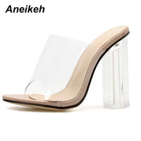 2021Aneikeh 2021 New PVC Jelly Sandals Crystal Open Toed Sexy Thin Heels Crystal Women Transparent Heel Sandals Slippers Pumps 41 42