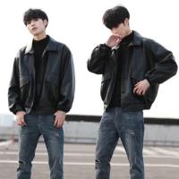 CODLiang Te ?Korean Fashion Loose Leather Men Short Motorcycle Clothing Youth Pilot Leather Jacket Autumn Winter Coat