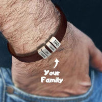 PolishedPlus Customized leather bracelet for men stainless steel Engrave Family Name Id Tag For Dad Fathers Day Gift