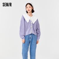 ◎✎ Semir เสื้อคาร์ดิแกนถักผู้หญิงคอวีฤดูใบไม้ร่วง2021ใหม่เสื้อกันหนาวสีม่วงเสื้อผ้าทรงหลวมเสื้อกันหนาวแขนยาวสั้น