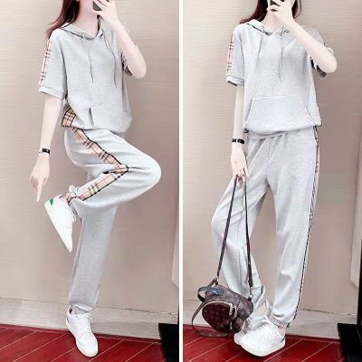 Womens Suits Oversized Hooded T-shirt Casual Sports Short Sleeve Tshirt Elastic Trousers Two Piece Sets 2022 Spring Summer New