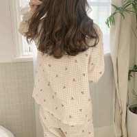 2021 Chic Plaid Sleepwear Patchwork Lace Geometric Long Sleeves Home Clothes Loose Casual Chic Women Sweet Pajamas