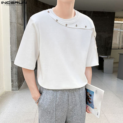 INCERUN เสื้อเสื้อยืดแฟชั่นเสื้อยืดคอกลมเย็บปะติดที่มีหัวเข็มขัดผู้ชายแขนสั้น (สไตล์เกาหลี)
