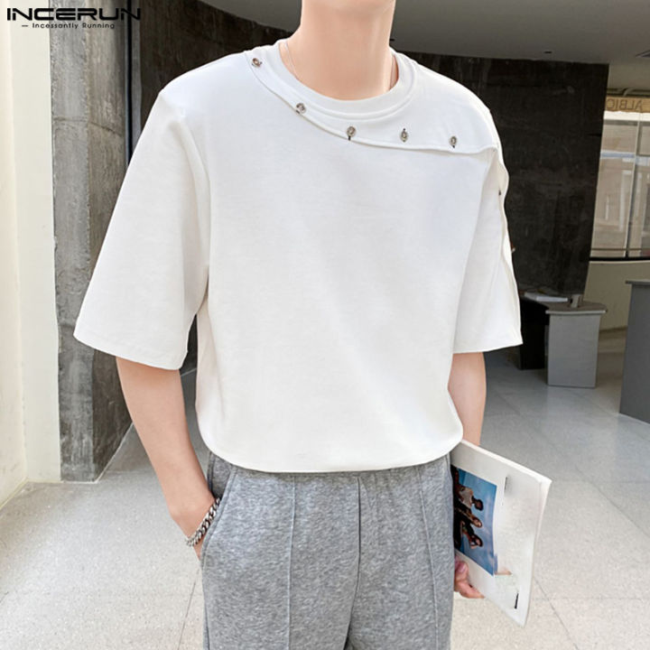 incerun-เสื้อเสื้อยืดแฟชั่นเสื้อยืดคอกลมเย็บปะติดที่มีหัวเข็มขัดผู้ชายแขนสั้น-สไตล์เกาหลี