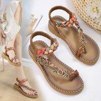 ○▬✎ cri237 Bohemian Beach Shoes Sandals Womens Flat Slippers Spring 2022 New Style Large Size Flower Rhinestone Open Toe Outer Wear Round Cover