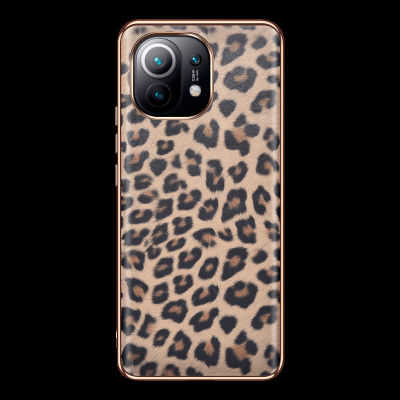 Fashion Leopard Print Leather Single Bottom Plating Shell For Xiaomi 11 MI 11 Mi11 Thin Mobile Phone Protective Case Cover