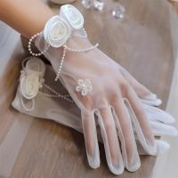 ✁☏▲ White Pearl Bridal Accessories Gloves Studio Photography Props Wedding Flower Bud Tulle Perspective Free Size Short Gloves