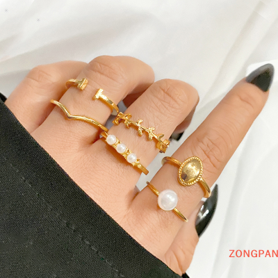 ZONGPAN ชุดแหวนข้อนิ้วมือโบฮีเมียน6ชิ้น เซ็ตสำหรับผู้หญิงเครื่องประดับวินเทจแหวนเลียนแบบไข่มุกเรขาคณิต