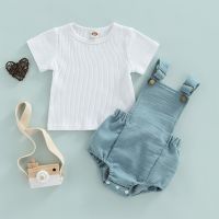 2PCS Fashion Baby Girls Boys Strappy Romper Suit Ribbed Short Sleeve T-Shirt+Adjustable Straps Corduroy Overalls Clothes Set  by Hs2023