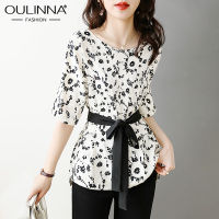 OULINNA เสื้อเชิ้ตแขน5/4มีเชือกผูกเอวผ้าแจ็คการ์ดหรูหรา