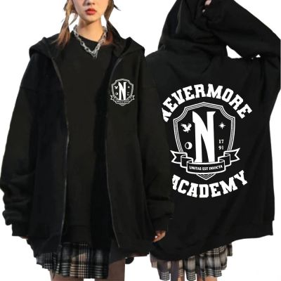 Wednaddams Nevermore Academy เสื้อสเวตเชิ้ตคาร์ดิแกนลายโลโก้กราฟิกของผู้ชายเสื้อฮู้ดมีซิปฮาราจูกุโอเวอร์ไซส์มีซิปรูด
