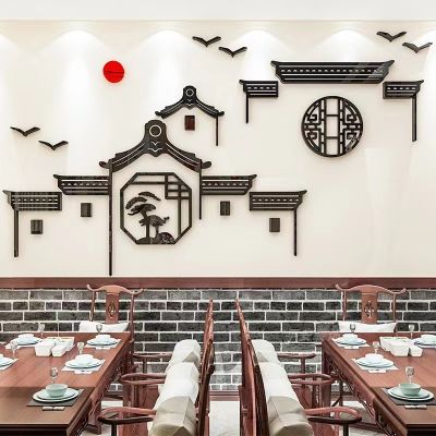 สติ๊กเกอร์อะคริลิค สติกเกอร์ติดผนัง ลายอาคารคลาสสิก 3d สไตล์จีนย้อนยุค สําหรับตกแต่งบ้าน ร้านอาหาร โรงแรม 3D สติกเกอร์ รูปทรง ผนัง
