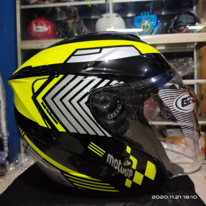 Helm Half Face G2 Optimax Black Yellow Glossy Kaca Double Visor Helm