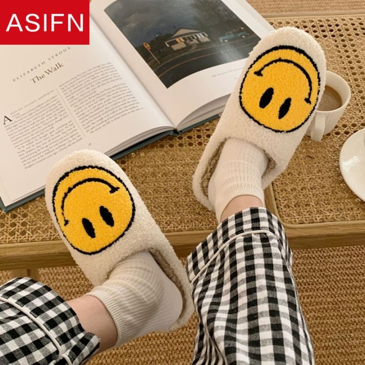 รองเท้าแตะบ้าน-asifn-รองเท้าใส่ในบ้านขนสัตว์ใส่ในบ้านฤดูหนาวอันอบอุ่นสำหรับเด็กผู้หญิงรองเท้าสตรีผ้าฝ้ายนุ่มฟูนุ่มฟูลายยิ้มน่ารักสำหรับห้องนอนบ้านผู้หญิง