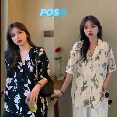 พร้อมส่ง เสื้อเชิ้ตคอปกเเขนสั้นลายดอกไม้สุดคิวท์ เนื้อผ้าใส่สบาย สุดชิค