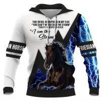 HX Friesian Horse Hoodie รูปแบบ 3D สีฟ้าฟ้าผ่า Pullover Splicing Hoodie แฟชั่นเสื้อผ้าสบาย ๆ สำหรับผู้ชาย