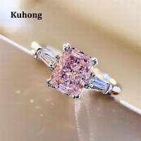 Kuhong แหวนเพชรสังเคราะห์สีชมพูโรแมนติกของผู้หญิง,แหวนแฟชั่นทรงเรขาคณิตอเนกประสงค์สำหรับของขวัญวันเกิดงานเลี้ยงเครื่องประดับใหม่