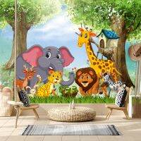 ↂ Self Adhesive Removable Optional Cartoon Wall Papers Home Decor Covering Panels Jungle Animal Wallpapers for Living Room Murals