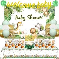 Dekorasi Baby Shower ช่อดอกไม้ประดับสีเขียวป่า Surprise Balterever ยินดีต้อนรับสู่ Dekorasi Baby Shower ป่าพร้อมฉากหลังอาบน้ำเด็กทารกป่าซาฟารีผ้าปูโต๊ะลายสัตว์ป่าแบนเนอร์อาบน้ำเด็กแบนเนอร์เค้กท็อปเปอร์