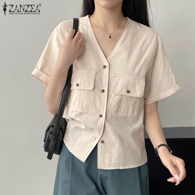 (สินค้ามาใหม่)(จัดส่งฟรี)Fancystyle ZANZEA เสื้อคอวีฝ้ายลินินสไตล์เกาหลีของผู้หญิง,เสื้อสายเดี่ยวทรงหลวมเสื้อเบล้าส์แบบลำลองเรียบ #8