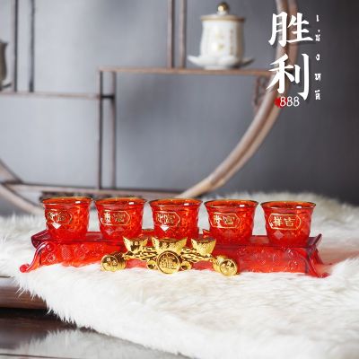 (ใช้งานทนทาน ทนความร้อน) ชุดถ้วยน้ำชา 3/5 ใบ สีแดง  คริสตัล ฐานก้อนทอง ชุดชาไหว้เจ้า งานสวย ใส่น้ำร้อนได้ดี