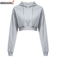 【Hot】2022ฤดูใบไม้ร่วงผู้หญิง Hoodies Solid Crop Tops Hoodie แขนยาวจัมเปอร์ Hooded Pullover Coat Casual Sweatshirt Top Pullovers