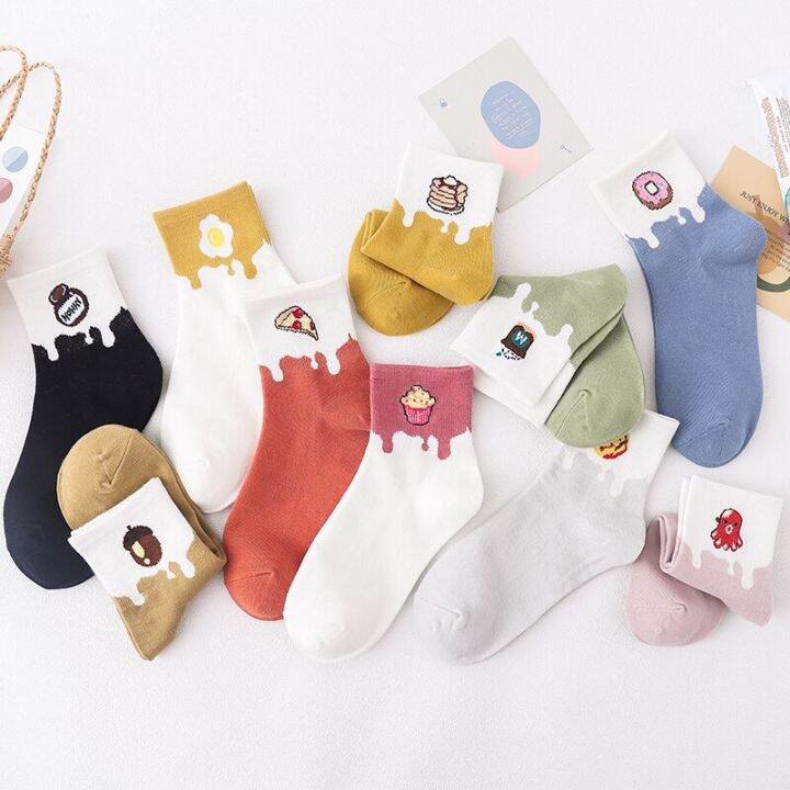 spring-autumn-women-crew-socks-candy-color-cartoon-food-pattern-pine-cone-donut-pizza-omelette-cute-female-mid-tube-casual-socks